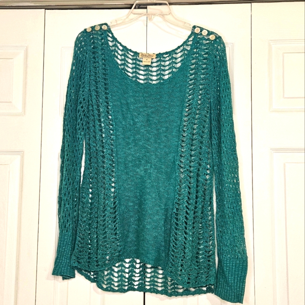 Lucky Brand Teal Open-Knit Button-Shoulder Sweater